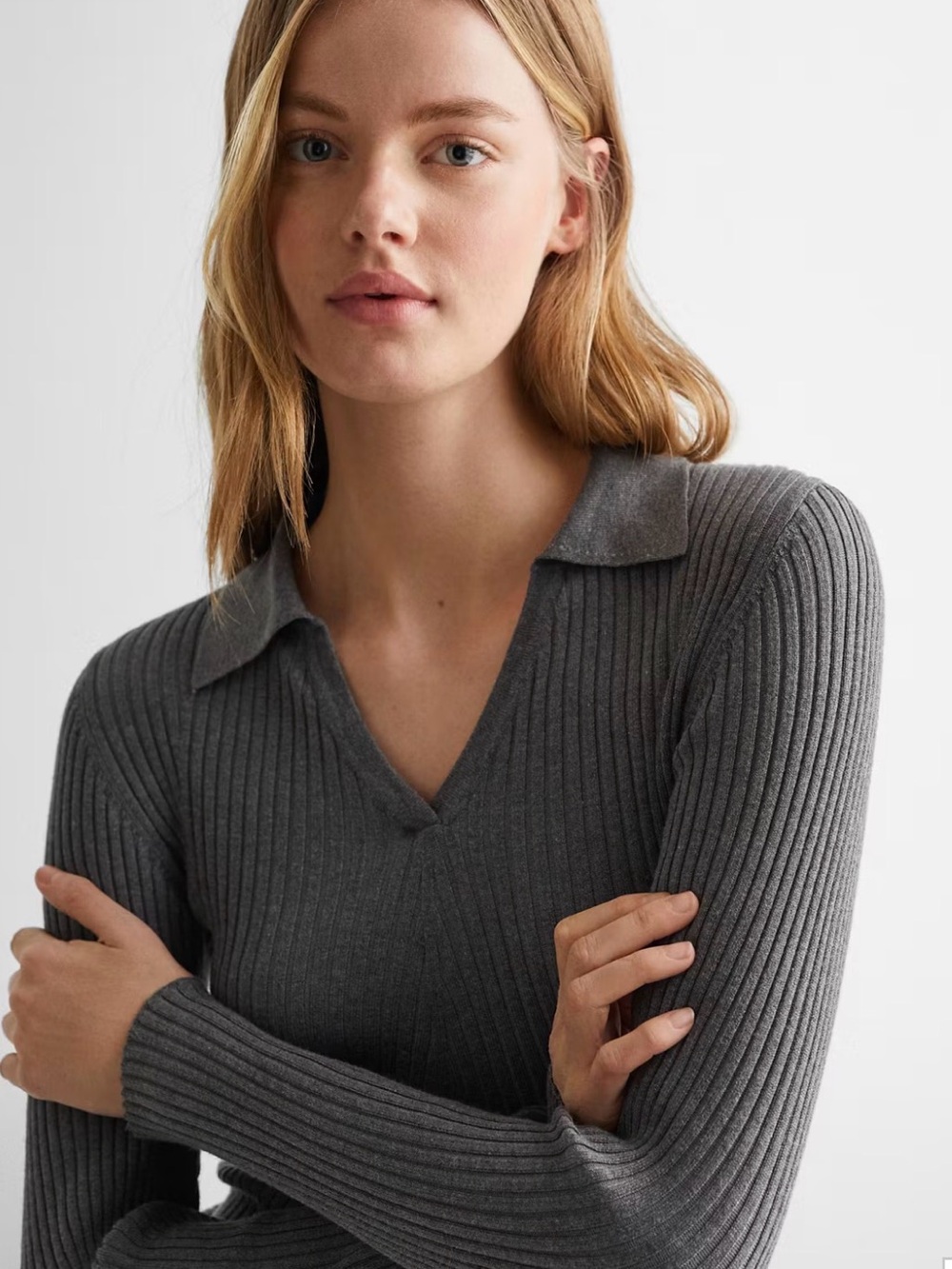 Mango Charcoal Ribbed Collared V-Neck Long Sleeve Top